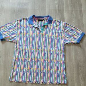 Vintage Linksport Polo Shirt XL Multi-Color Geometric Striped Pattern 100% Cotto